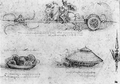 Studies van Militaire Tankachtige Machines; Inclusief een Bovenaan met Paarden die een Constructie met Draaibare Zeisen Trekken, c.1485 door Leonardo da Vinci